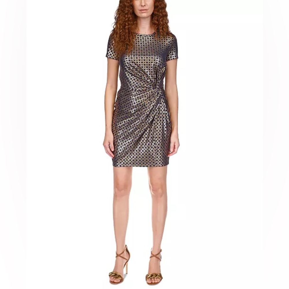 Michael Michael Kors Metallic Chain- Print Knot Mini Dress. Midnight /Gold